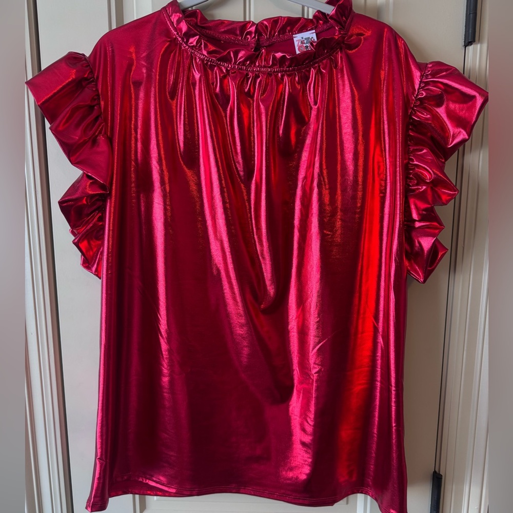 Red Faux Leather Ruffle Sleeve Top XL